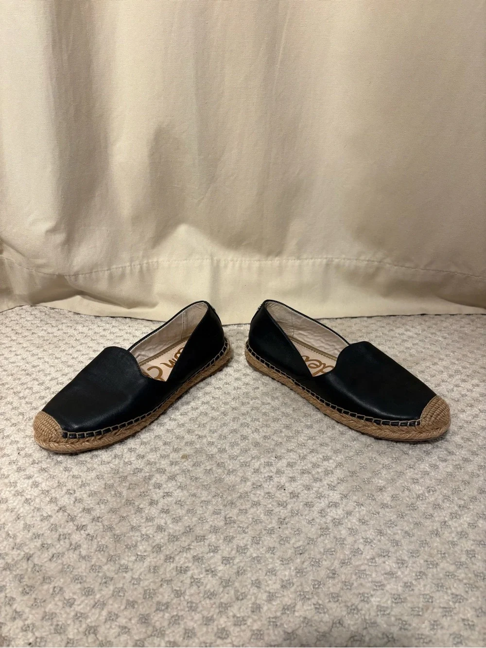 Sam Edelman Black Leather Espadrille Slip-Ons with Braided Tan Toe